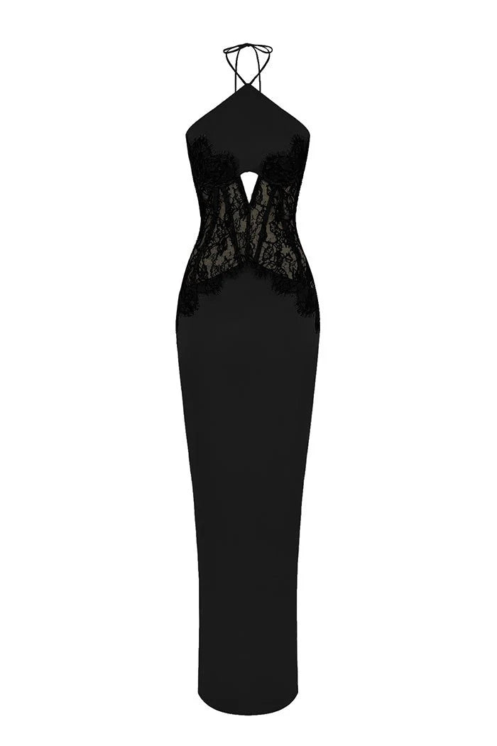 SATIN AND LACE CORSET MAXI DRESS
