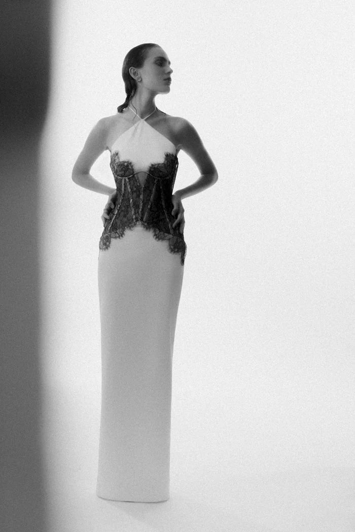 SATIN AND LACE CORSET MAXI DRESS